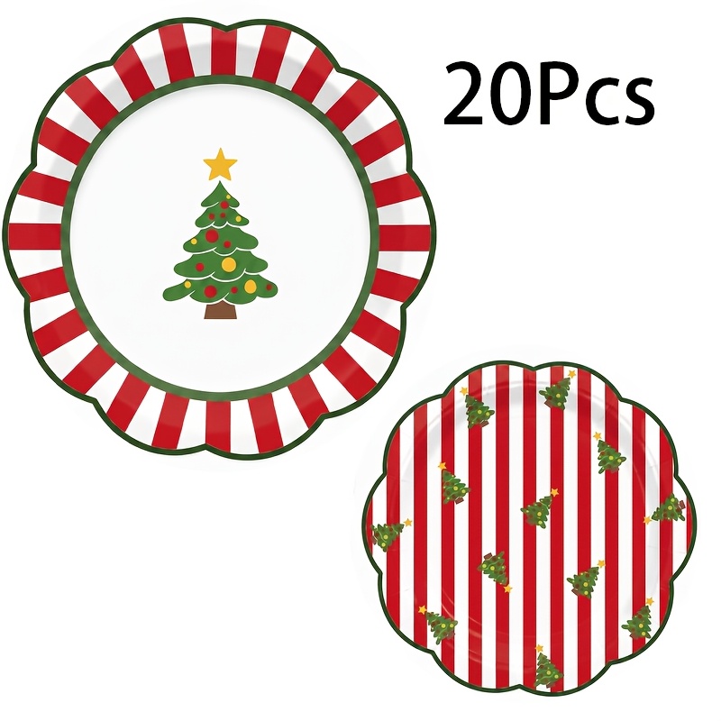 TEMU 20pcs, Merry Christmas Scalloped Disposable Paper Plates,red White Stripe Xmas Tree Green Rim 9inch & 7inch Scalloped Edge Dessert Plates For
