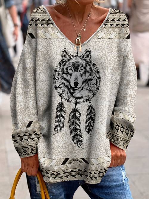 plus size long sleeve plus size wolf head pattern indian print v neck t shirt casual comfortable round neck plus size t shirt autumn winter christmas layer womens plus size vintage design t shirt no accessories included