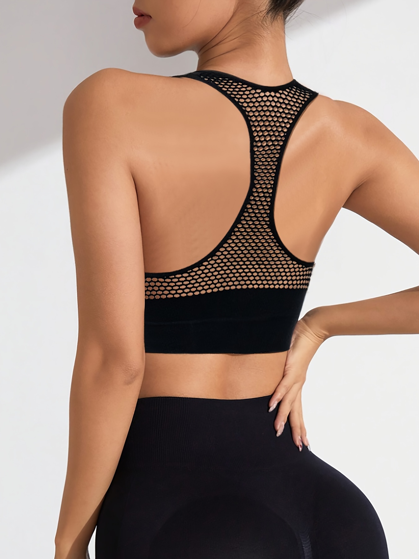 1pc Women'S Sports Bra with Zipper Back, Hollow Out Seamless, Medium Support, Removable Padding, Knit Fabric, 90% Elastane 10%, Solid Color, for Yoga Fitness & Casual Wear