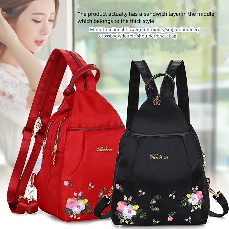 

Nylon Women's Backpack With Floral Embroidery - Adjustable Straps, Sponge Layer For , Zip Closure - Ideal For Travel, Vacation, Phone, Keys, Wallet Storage - Casual Red , Travel Backpack