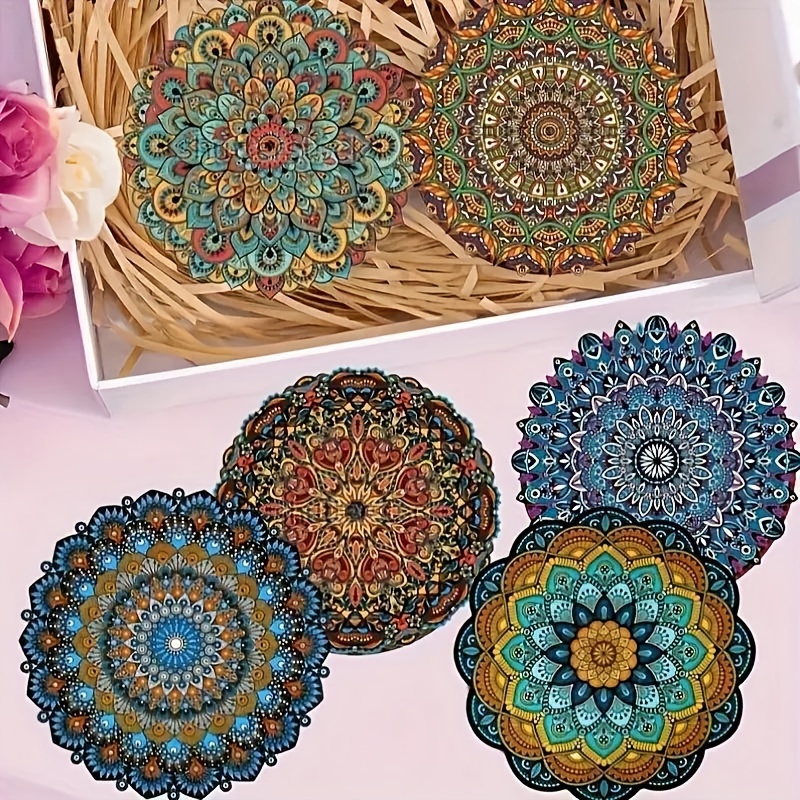 TEMU 6pcs Mandala Flower Coaster Set - Heat-resistant, Non-slip Wooden Mats, Suitable For Dining And Decoration