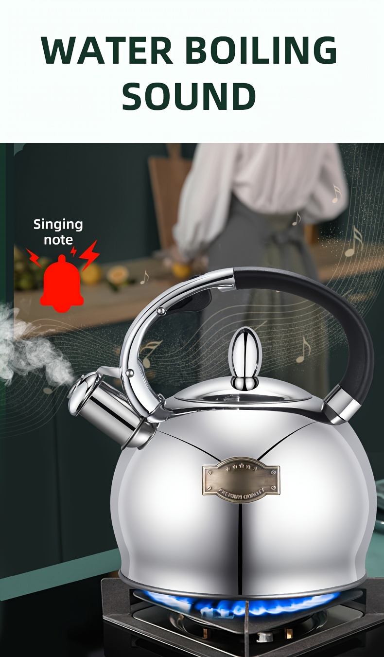 1pc   kettle stainless steel tea pot 3000ml large capacity compatible with gas electric stovetops whistle sounding kettle for home office restaurant use no electricity needed whistle activated stovetop kettle with wide spout fast boiling   spout ergonomic handle silver details 2