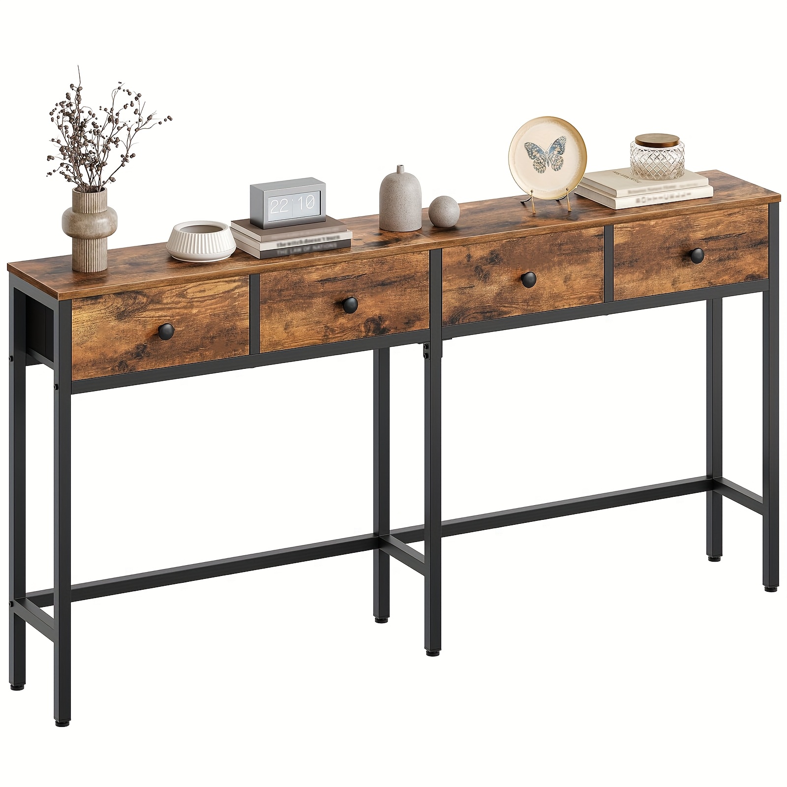 Image of Narrow Console Table, 160cm Long Hallway Table With 4 Drawers, Suitable For Entryway, And Black, Suitable For Hallway And Living Room Decoration