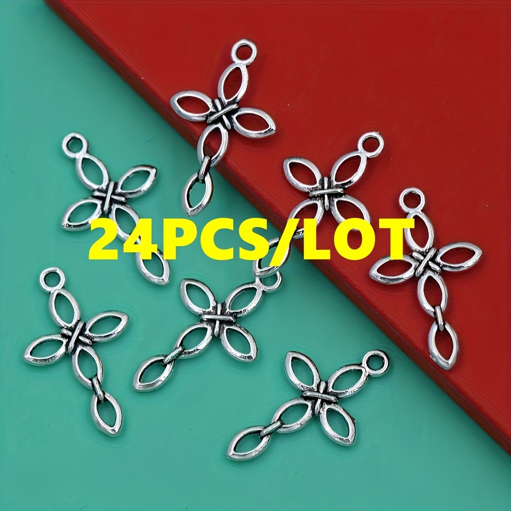 24pcs Silvery Hollow Petal Cross Charms Beads For Bracelet Necklace Jewelry Additions For Men And Women