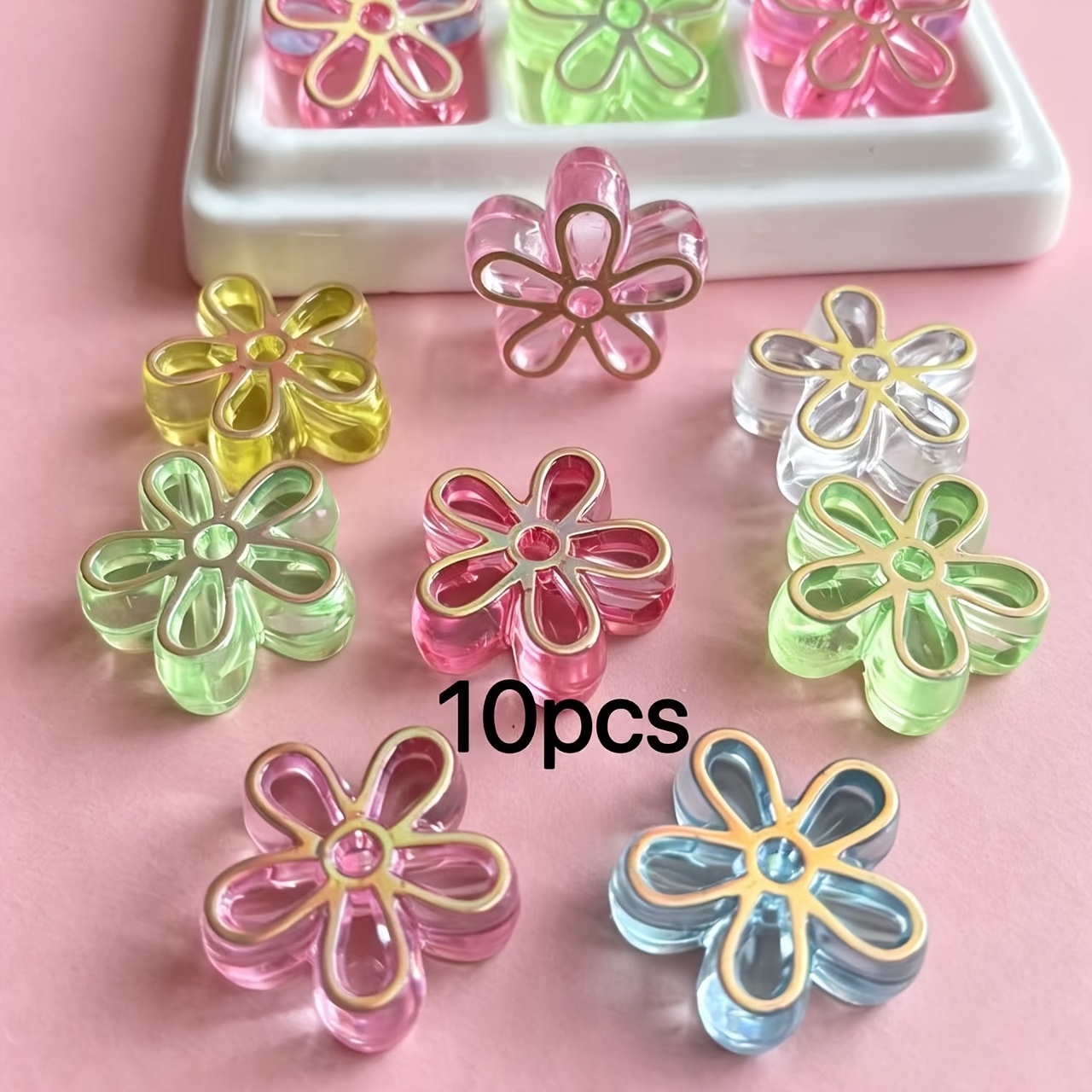 TEMU 10pcs Transparent Acrylic Flower Big Hole Beads, Random Mixed Colors, Summer Macaron Tones With Golden , For Beading, Pendants, Head Cords,
