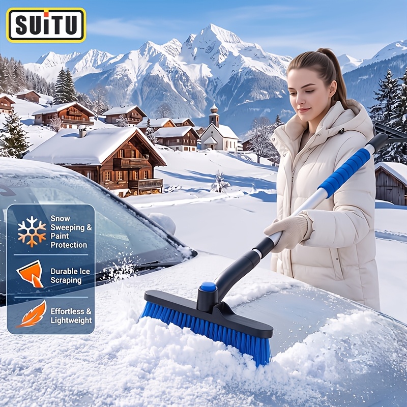 TEMU Brosse à neige rétractable avec grattoir à glace, tête rotative et réglable pour le nettoyage des morts, manche ergonomique, garde les vêtements