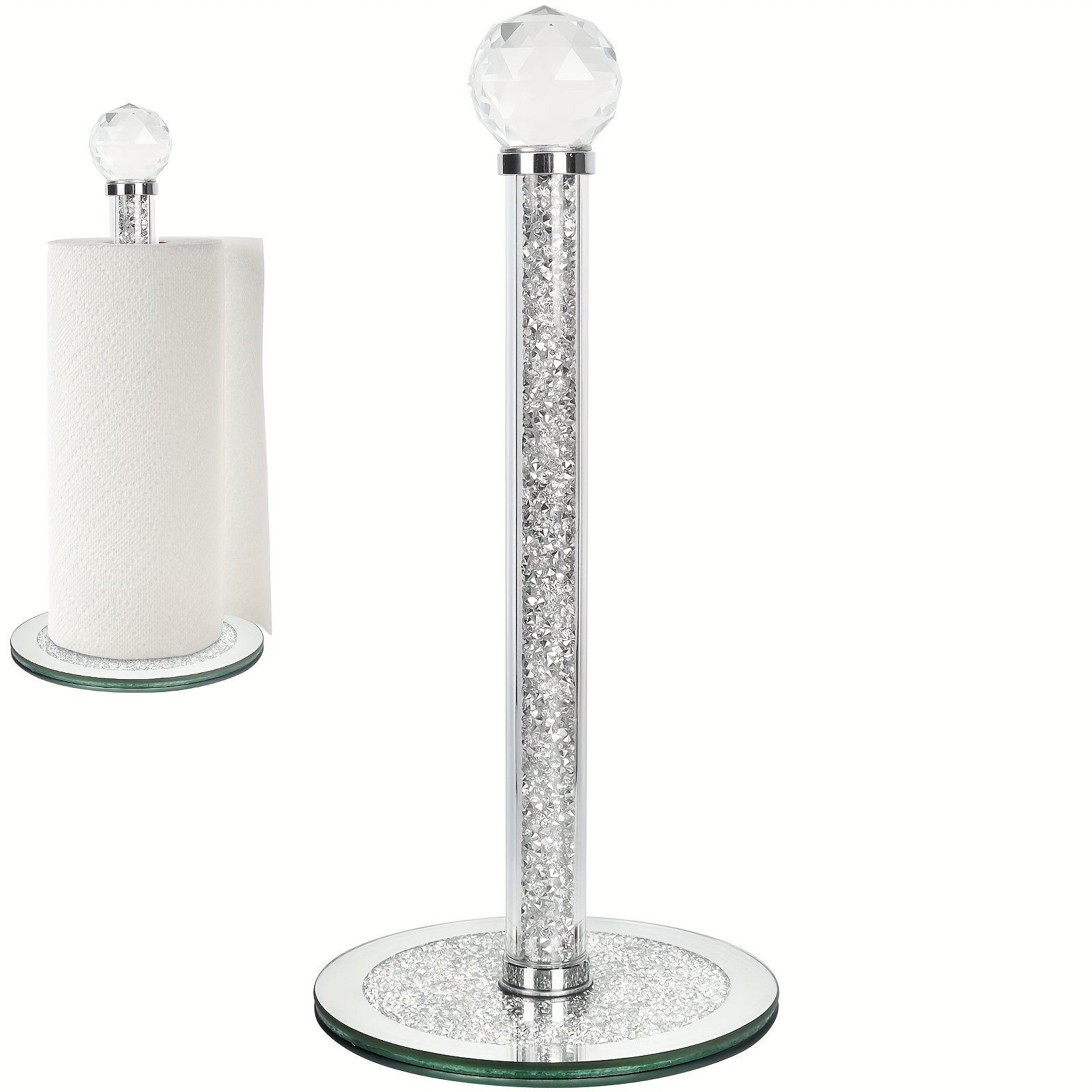 Elegant Crystal Glass Paper Towel Holder - Silvery Round Base, Semi- For Kitchen & Bathroom Storage