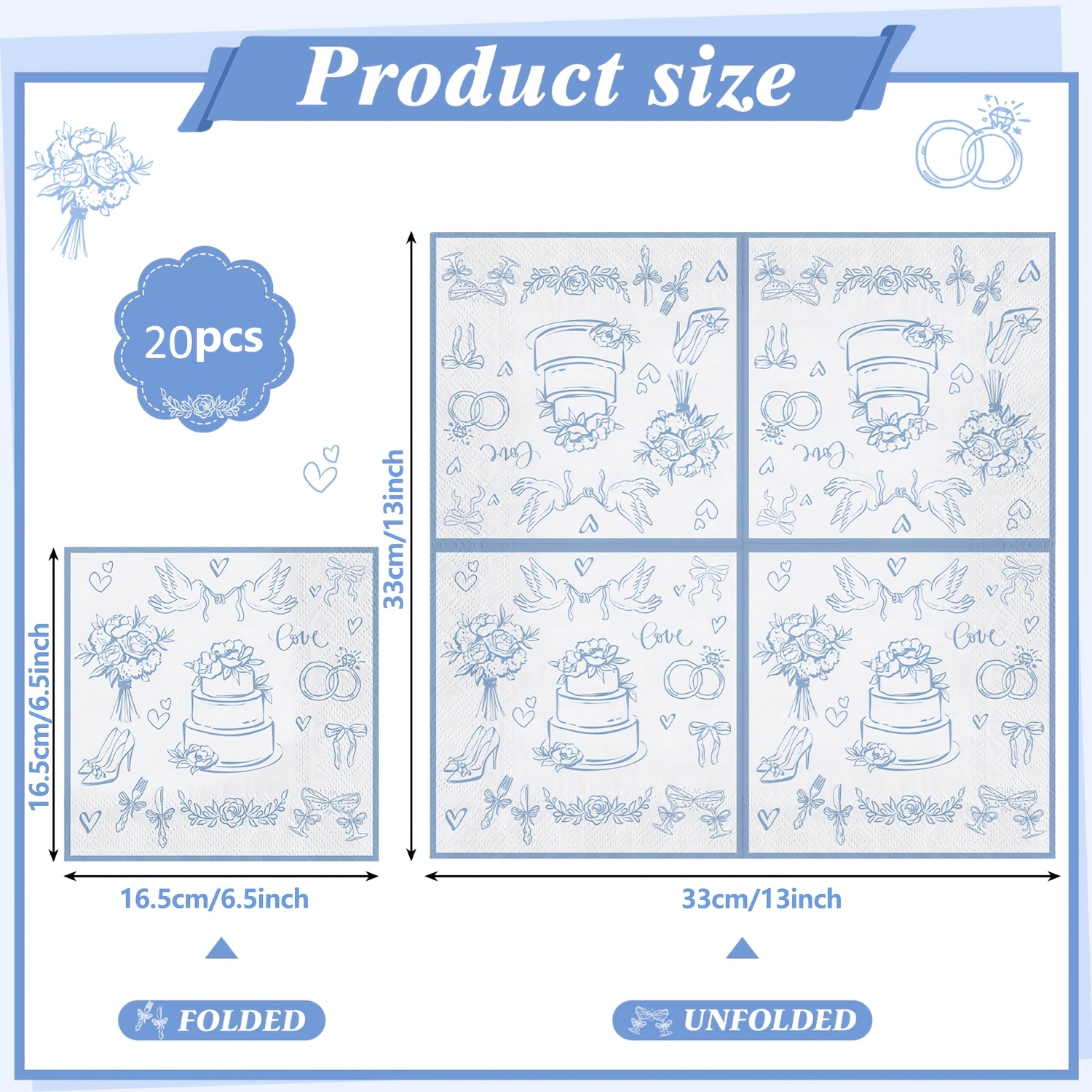 TEMU 20pcs Wedding Napkins, Paper Towels Blue And White Engagement Cocktail Napkins Bridal Shower Napkin For Bachelorette Party, Wedding, Bridal