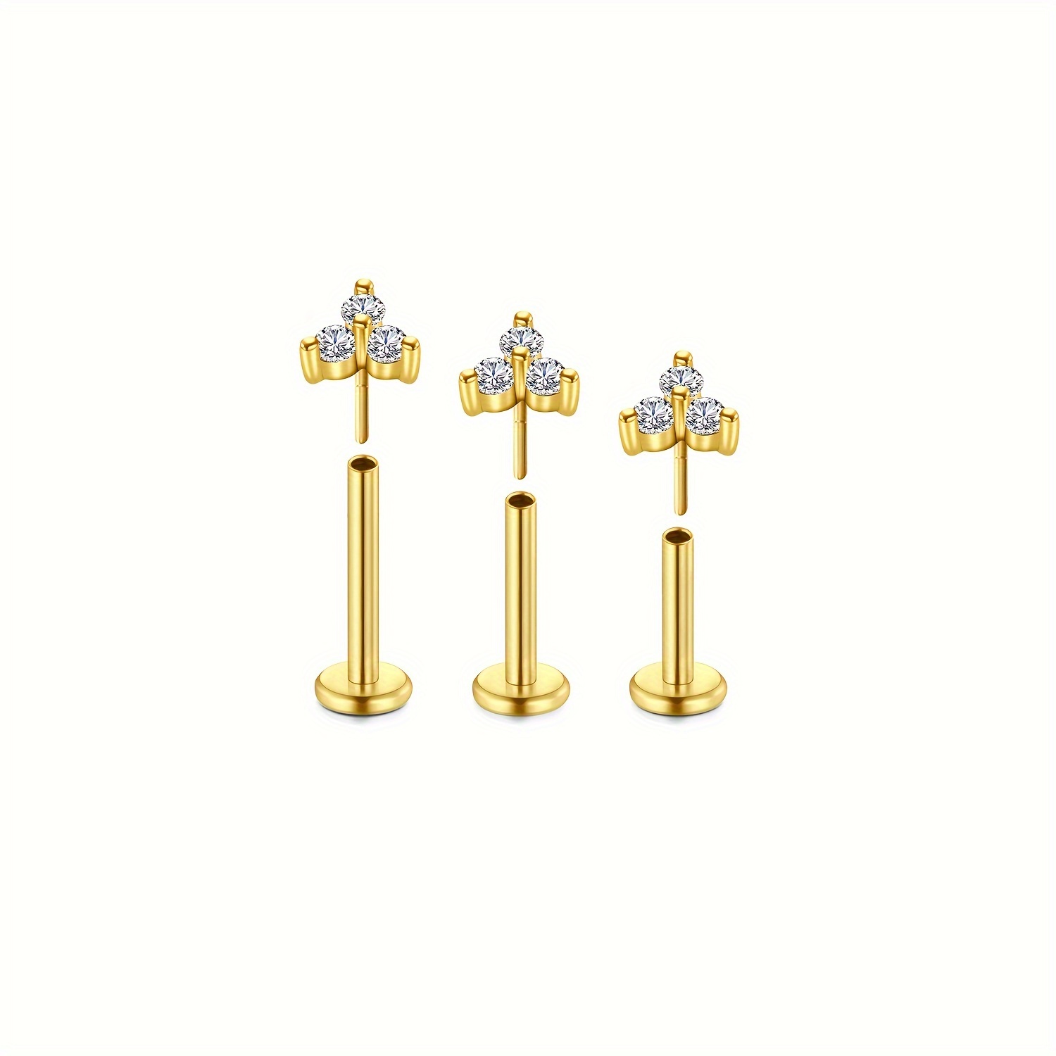 E-shop 16G 316L Edelstahl Goldene Flachrücken Ohrstecker für Männer - 6mm, 8mm, 10mm Synthetischer Zirkonia Schmuck, Vierkant-Sicherungsfassung,