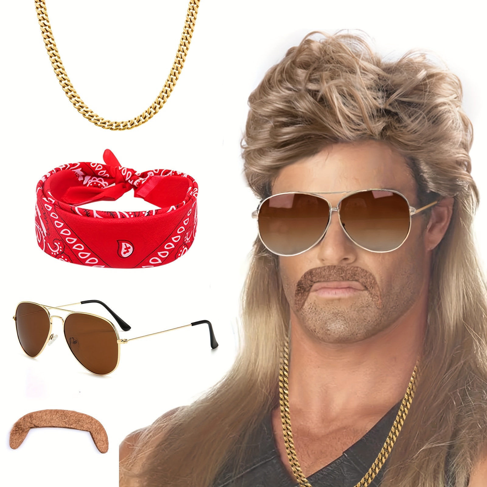 

80s 90s Punk Style Mullet Wig Set For Men - Synthetic Heat-resistant Hair With , Bandana & Glasses - Rocker Heavy Metal Costume Accessories For , Carnival, Party Events