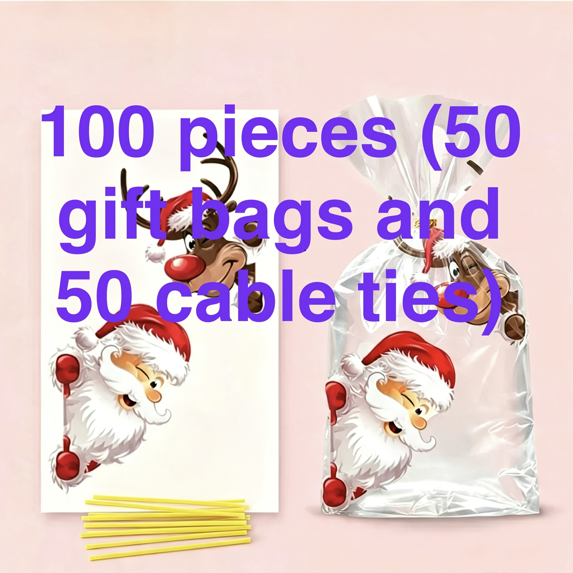TEMU 100pcs Set Christmas Hat Reindeer Santa Claus Gift Packaging Bags (including 50pcs Bags And 50pcs Ties) Happy Christmas Scene Decoration, Star