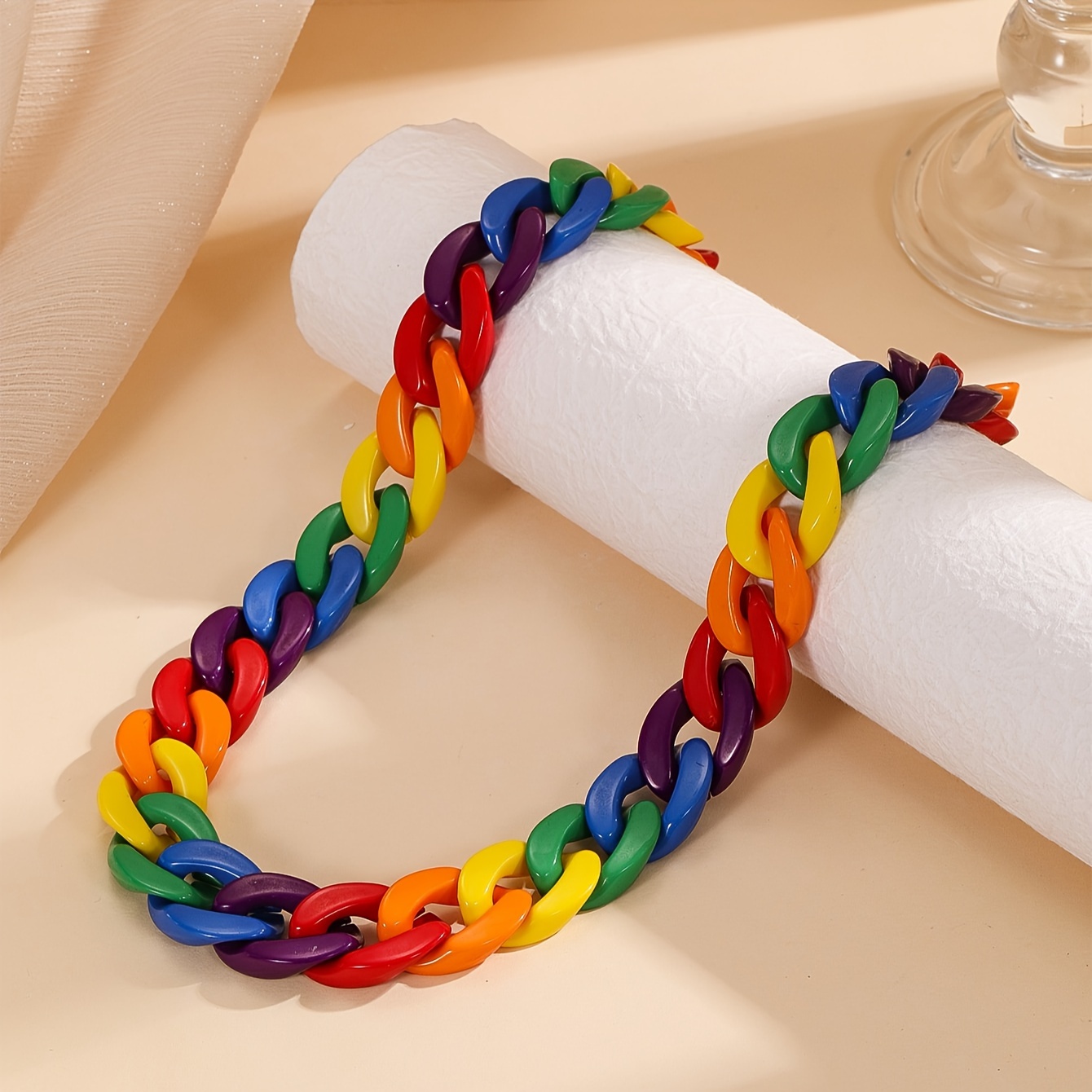 TEMU 1pc Fashionable Retro Resin Rainbow Chain Twisted Piece Necklace, Suitable For Men And Women' Gift , Stage Performances, Parties And Other Important Occasions