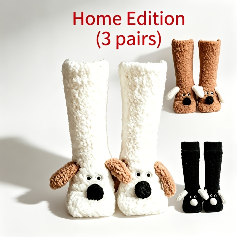 TEMU 3 Pairs Cute Puppy Plush Long Socks For Women, Thickened And Fleece-lined Socks, Adorable Cartoon Long Socks Indoor Sleep Socks Non-slip