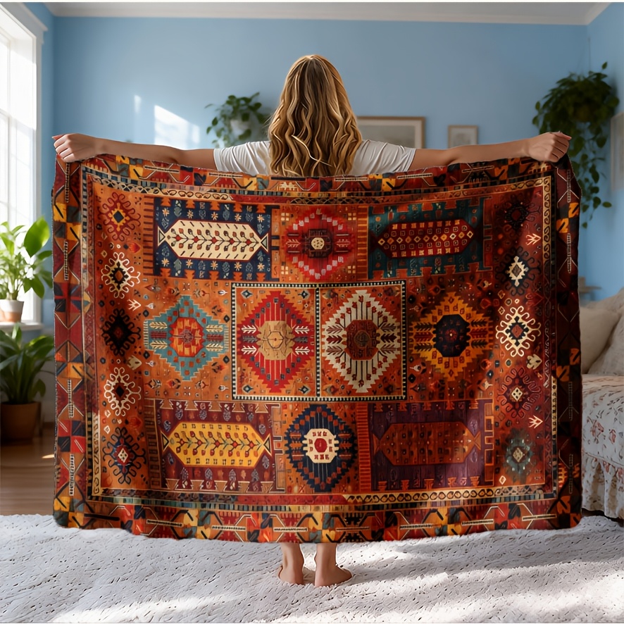 TEMU A Bohemian Geometric Patterned Fleece Blanket - Suitable For , Soft And Warm, Perfect For Camping, Travel, Car, And Office Use - Machine