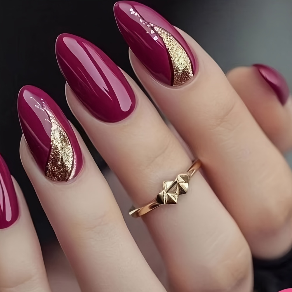 24pcs Water Drop Shaped Wearable Nail Plate Premium Elegant Purple Golden Color Shimmering Pattern Glossy Style Nail Art Suitable For Women And False Nail Category Fake Nail Stickers
