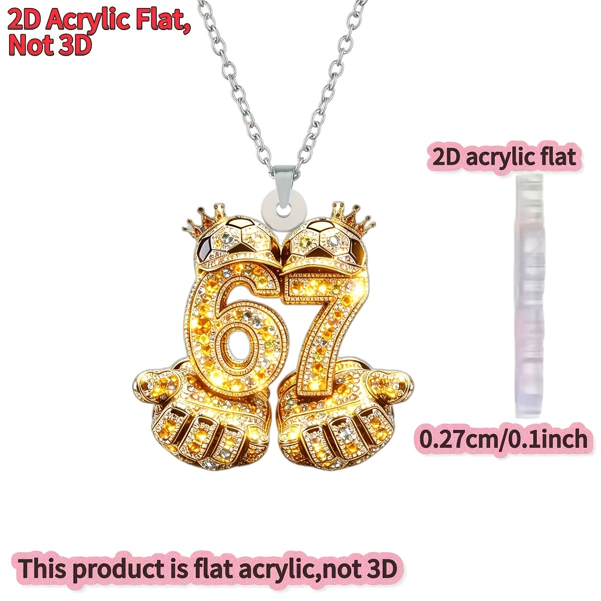 Image of 2d Flat, [2d Flat] 1pc, New Novelty Necklace, Shimmering Golden 67 Pattern Acrylic Printed Design, Women's Necklace, Fashionable Sweater Chain Pendant, Gift For Birthday Parties, 2d Flat