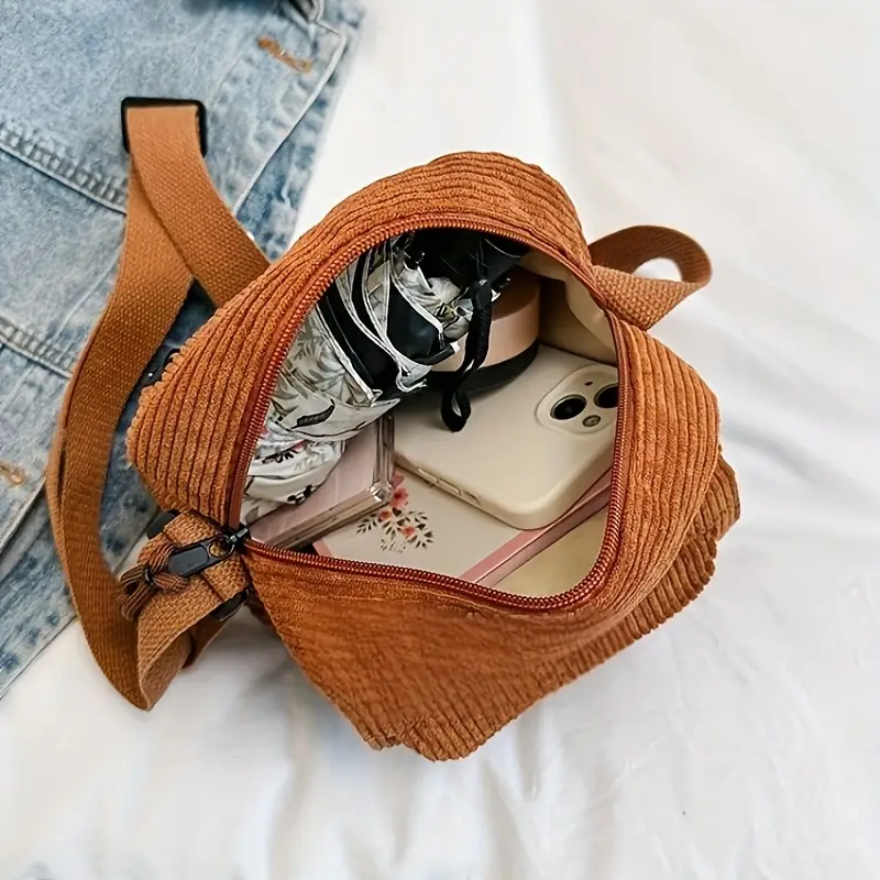 a42 an elegant womens versatile small square bag corduroy material in four colors versatile bag shoulder bag adjustable strap zipper closure suitable for school and work Product details 2