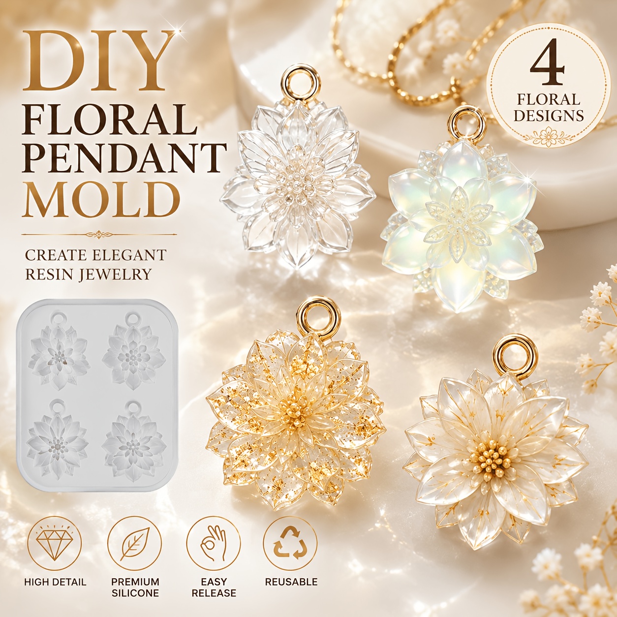 TEMU Resin Silicone Mold With Hanging Hole, 4-cavity Pendant Casting Mold, 3d Layered Floral Epoxy Resin Mold For Diy Necklace Keychain Charm Jewelry