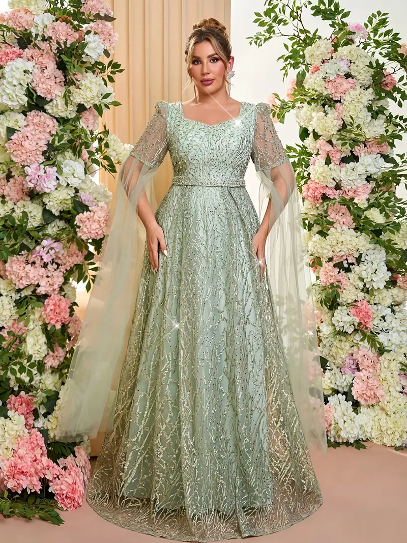 Plus Size, Women's Plus Size Elegant Sage Green Sweetheart Neckline Evening Gown, Luxurious Beaded Tulle Formal Dress with Shawl Sleeves, Sparkling A-Line Party Dress for Wedding Guests, Evening ... Plus Size, Women's Plus Size Elegant Sage Green Sweetheart Neckline Evening Gown, Luxurious Beaded Tulle Formal Dress with Shawl Sleeves, Sparkling A-Line Party Dress for Wedding Guests, Evening ...