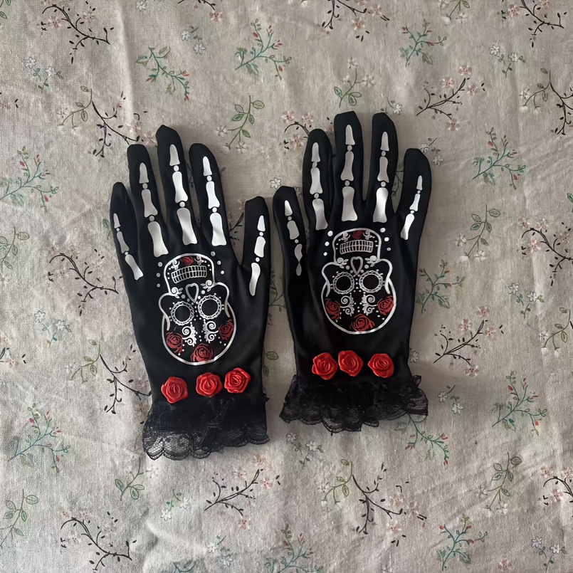 TEMU A Pair Of Halloween Lace Rose Skull Gloves, Performance Dance Ball Cosplay Party Festival Decoration Gloves For Women, Special Occasion Gloves