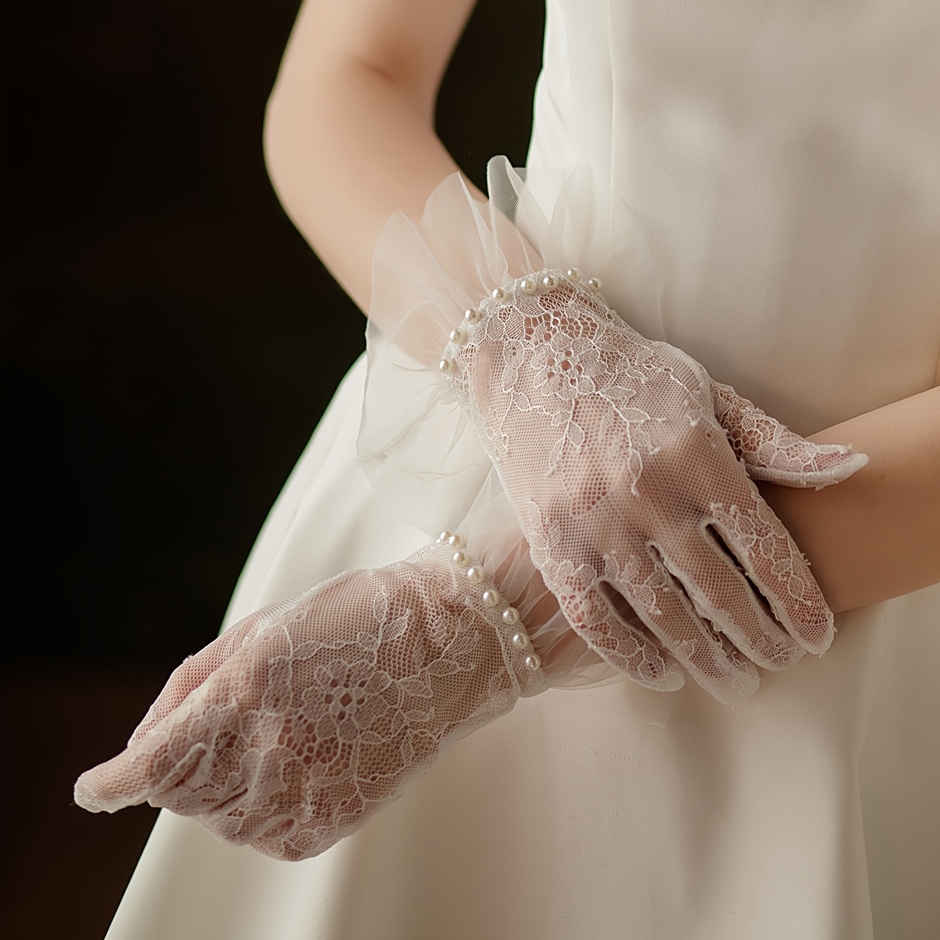 TEMU 2pcs Elegant White & Tulle Ruffle Bridal Gloves - Sheer Breathable Short Finger Cuffs Suitable For Weddings, , Formal Events, Vintage Wedding