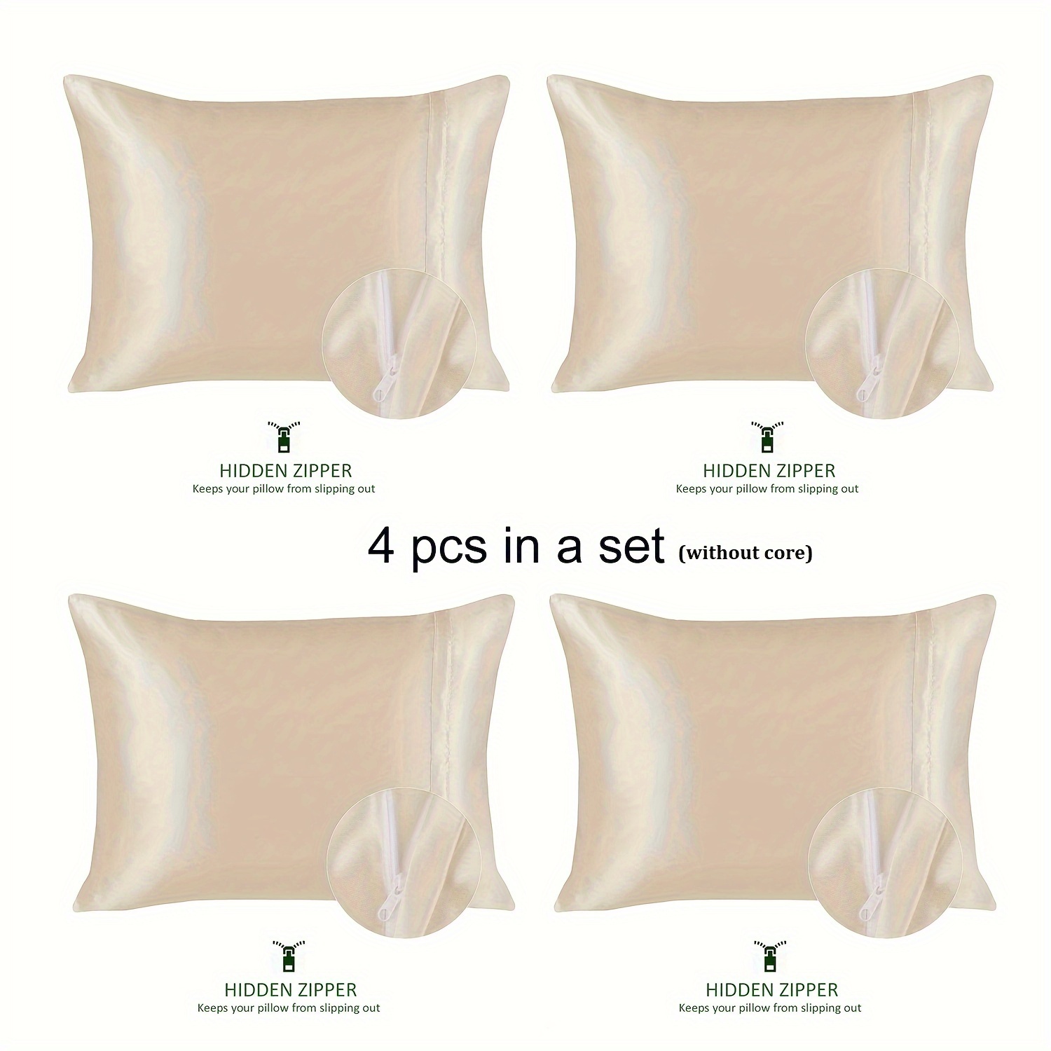 

Luxury Khaki Satin Pillowcases - 4-piece, Large Size With Zipper Closure, Machine Washable, Solid Color