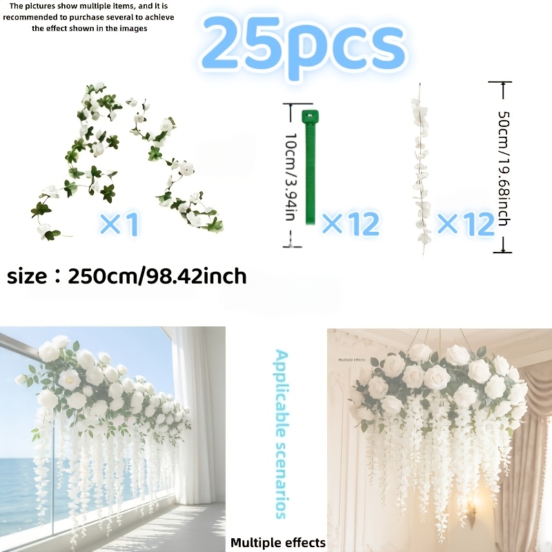 TEMU 25pcs=1pc White Rose Vine And 12pcs White Purple Wisteria Flowers And 12pcs Cable Ties Combination, Durable And Easy To Hang, Suitable For Home,