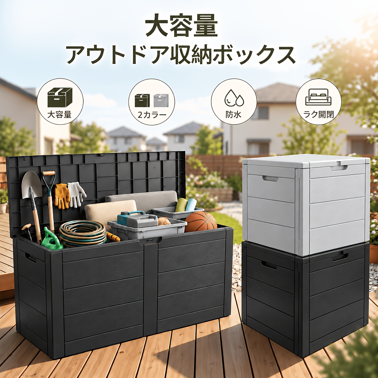 アイテム画像 118l/265l 大容量 アウトドア収納ボックス 屋外用コンテナケース バルコニー収納 ガーデニング収納 2サイズ 持ち手付き 防水 耐荷重 蓋付き 多目的収納 園芸工具用 屋外用ゴミ箱 配送ボックス 屋外収納用ボックス・キャビネット・ラック