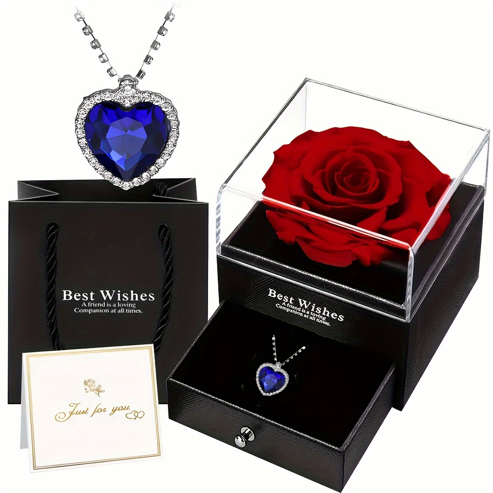 

1pc Blue Zircon Love Heart Pendant Chain Necklace Super Shiny Neck Chain Jewelry Decoration With Faux Red Rose Flower Gift Box Valentine's Day Gift