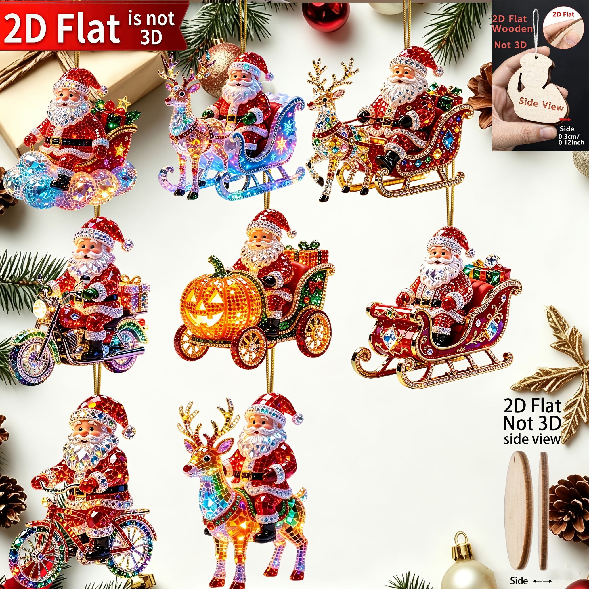 TEMU 2d Flat, 2d Flat 8pcs Santa Claus Christmas Hanging Ornaments, Classic Holiday Element Wooden Shaped Decorations, An For Christmas And New Year
