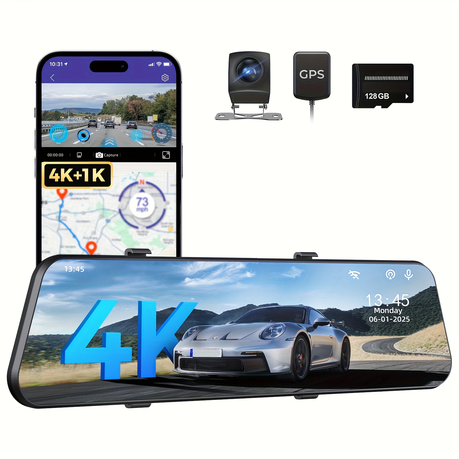 12'' Large Screen Dash Cam, 1K Rear Cam | 4K+1K Resolution | Switchable Color Display UI