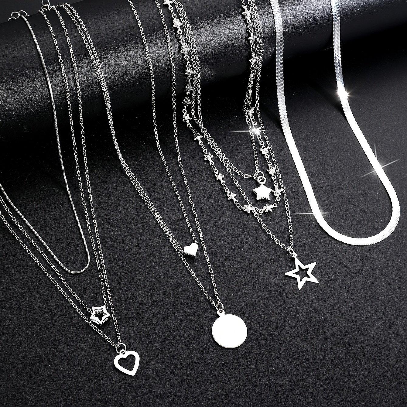 TEMU Ensemble de 7 pièces de collier à pendentif rond élégant et tendance de style bohème avec cœur et étoile, chaîne clavicule empilée créative