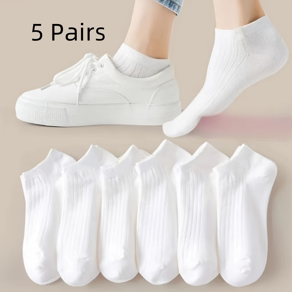 5-pairs Men's And Women's, Solid Shallow Opening Ventilation Short Low-cut Socks For , Unisex Breathable Moisture-sweat Absorbing Ankle Crew Sports Lightweight Elastic Ribbed Trim Black & White