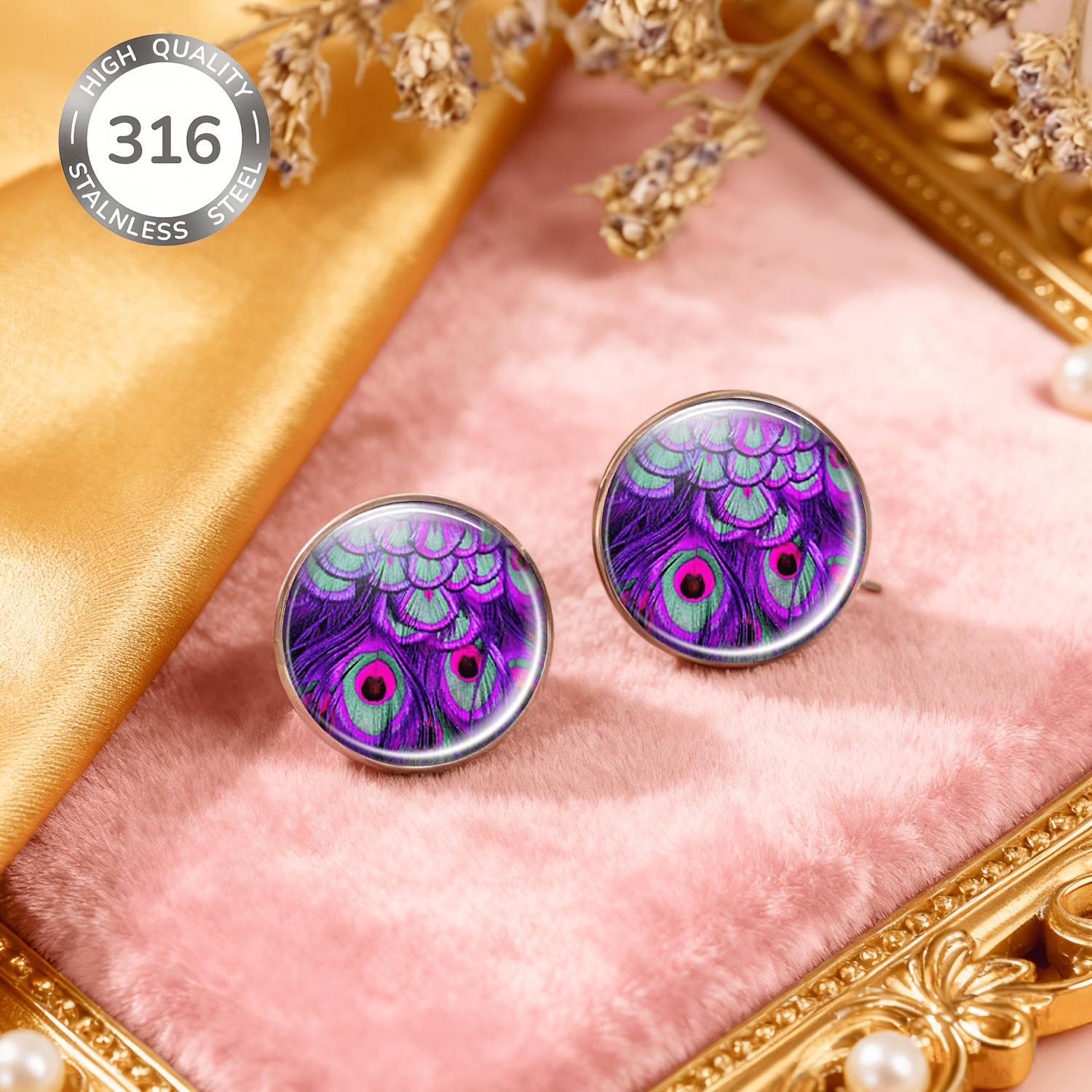 2pcs Stainless Steel Non-Piercing Round Colorful Pattern Earrings
