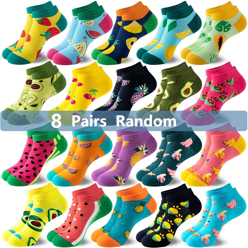 E-shop Zufällige 8 Paar Herrenmode Frucht Gemüse Print Knöchelsocken - Bunte Strickware, Maschinenwaschbar, Low-Cut Design für Outdoor-Aktivitäten und