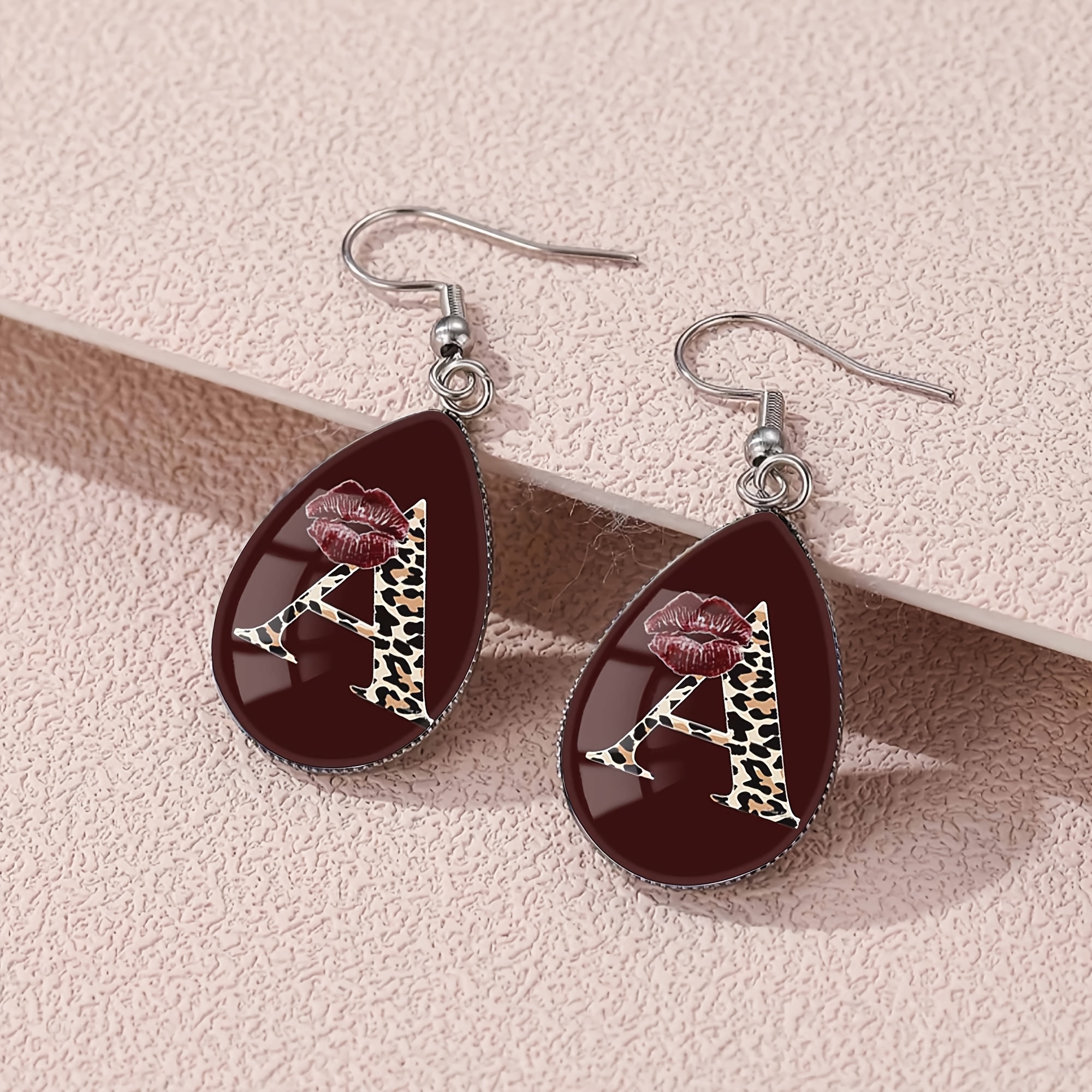Women's Burgundy Leopard Print Teardrop Earrings, Classic Style