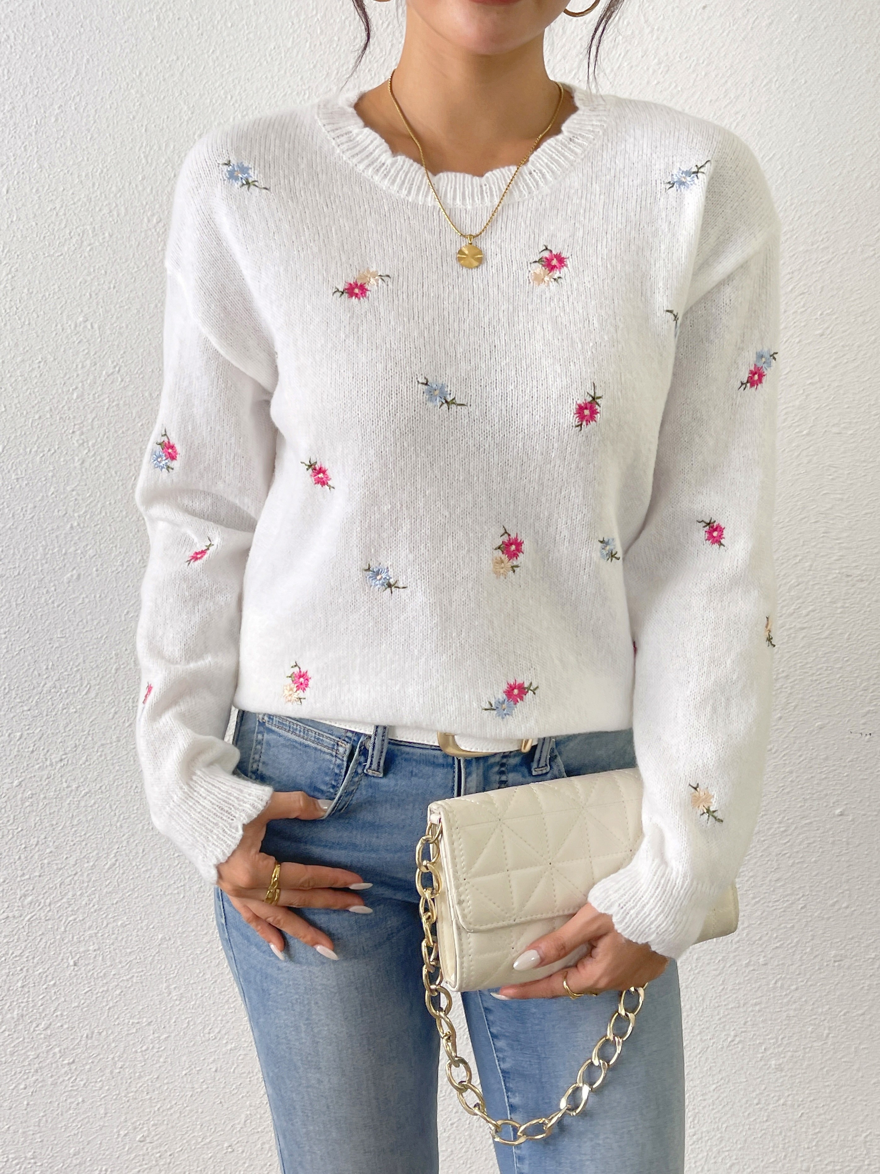 Floral Embroidery Long Sleeve Sweater Casual Crew Neck Drop Temu United