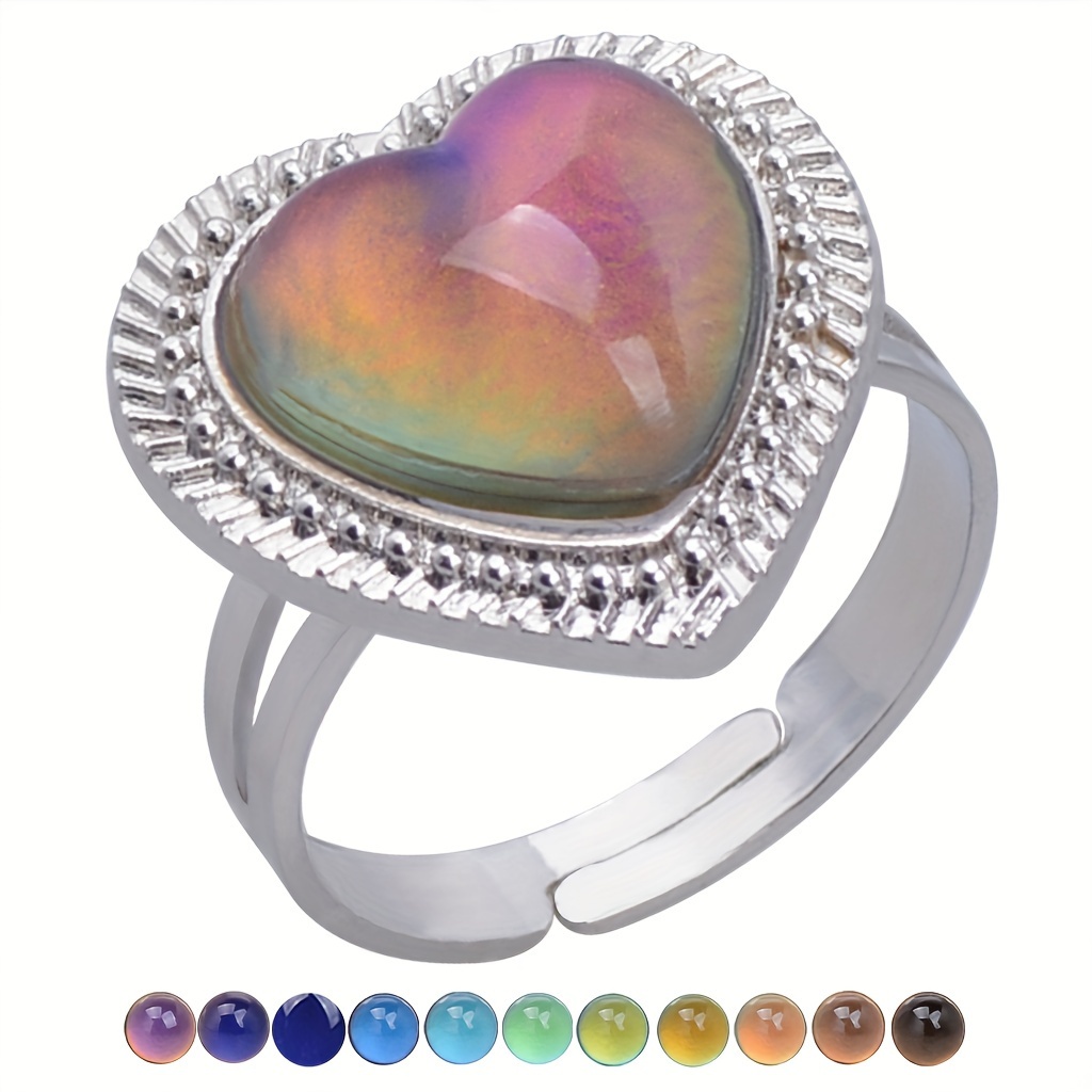 

1pc Adjustable Open Heart Mood Ring For Women, Classic Style, Temperature Sensitive Color Changing Faux Gemstone, Fashion Faux Jewelry Accessory