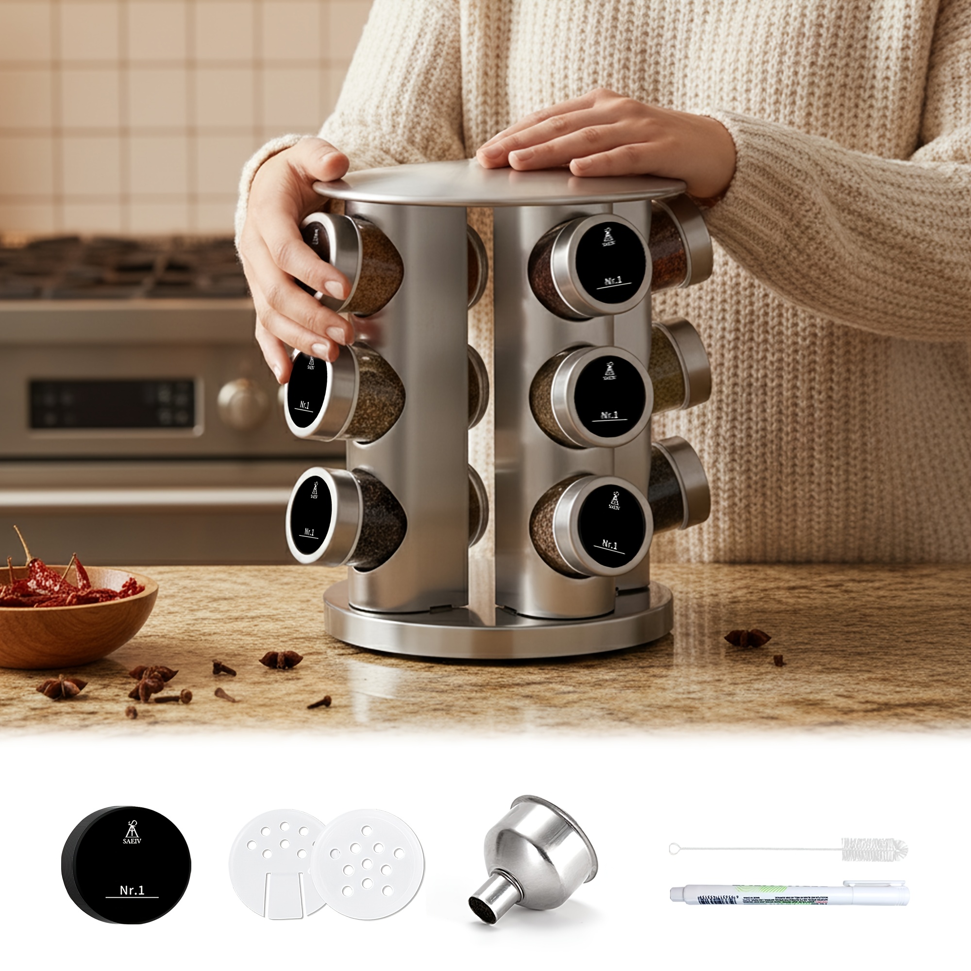TEMU Saeiv 20 Round Spice Jars, Stainless Steel Spice Rack With Glass Jars, Rotating Kitchen Spice Organizer, Stainless Steel Spice Turntable, For