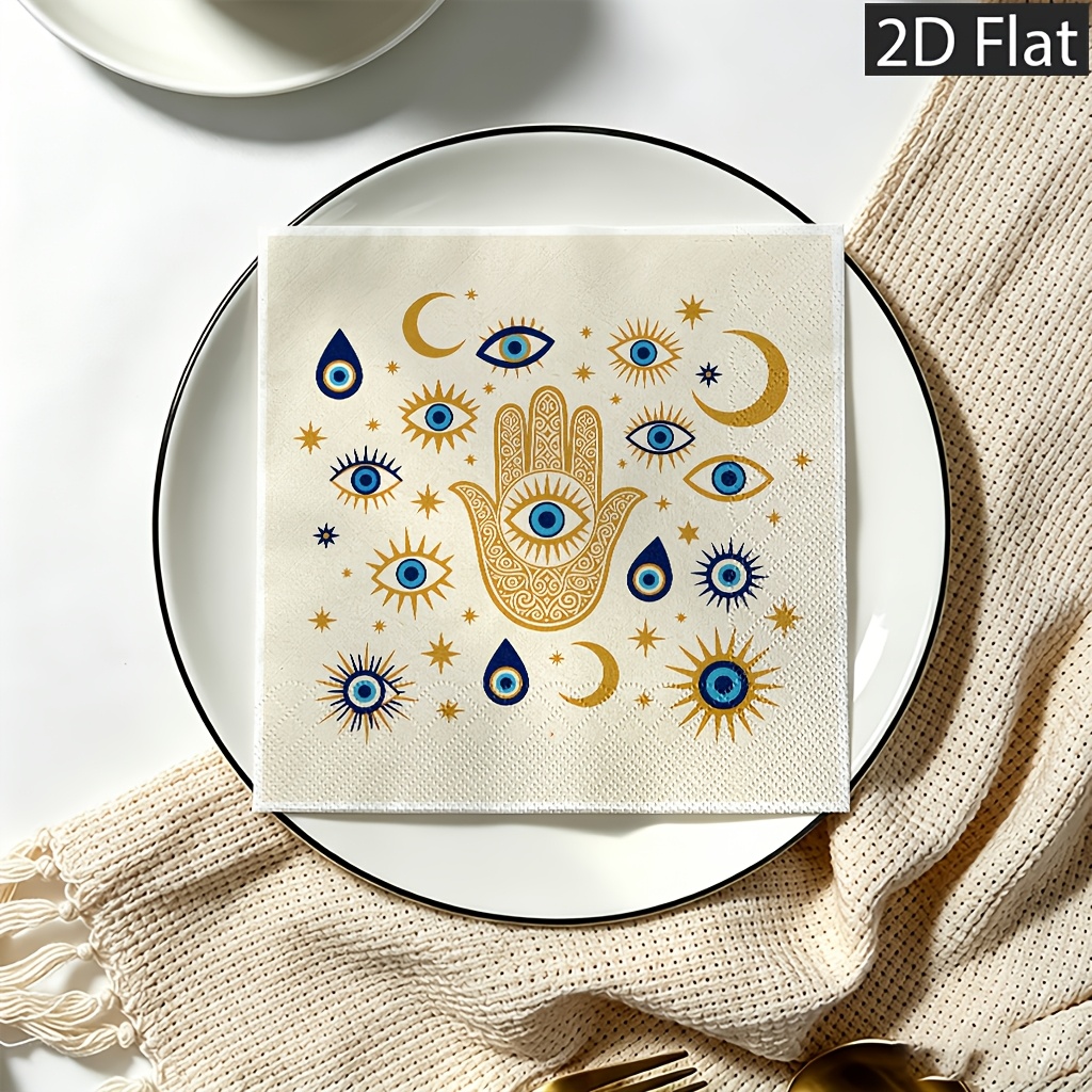TEMU Serviettes de table jetables 2D plates, 20 pièces, motif symbole de , bleu, yeux dorés, et étoiles, 2 épaisseurs pour une extra durabilité -