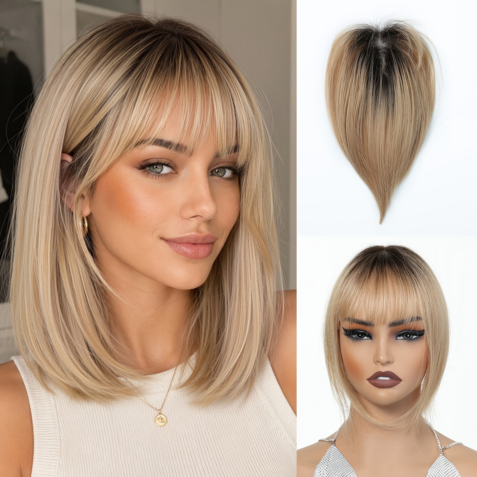 Image of Women' 10 Inch Hair Topper With Bangs Suitable For Hair Loss, Clip-in Wiglet With 3-clip Mesh Base, Lightweight Synthetic Hairpiece For Daily Use, Deep Brown, Suitable For Thinning Hair & Bald