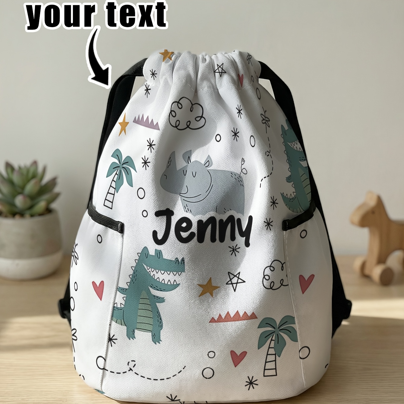 TEMU Mochila con estampado de dinosaurio, correas ajustables y cierre de cordón - Bolsa de gimnasio de carcasa blanda duradera de gran capacidad para