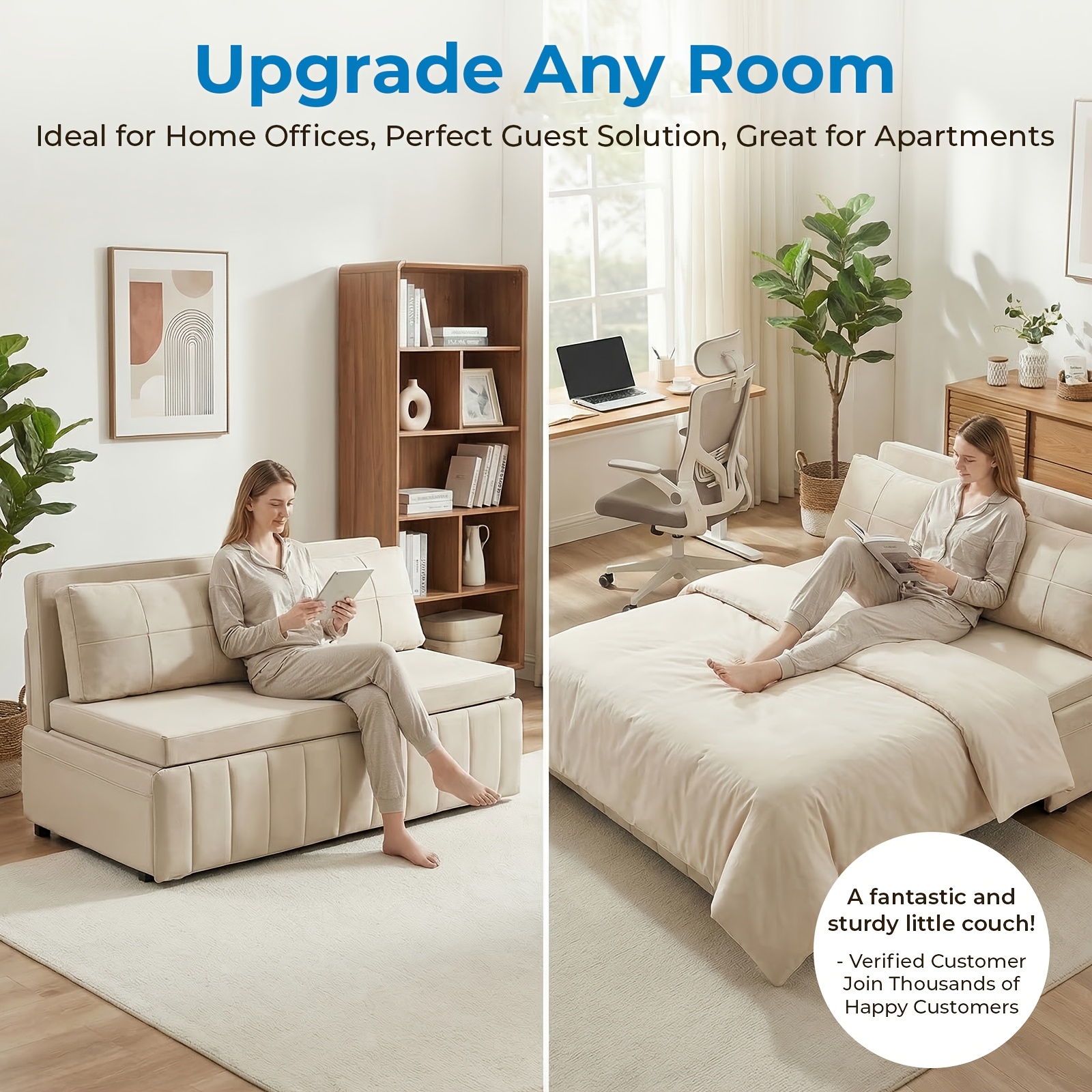 3in 1 Convertible Queen Sofa Bed, Pull Out Sleeper Couch, Armless Loveseat for Small Spaces