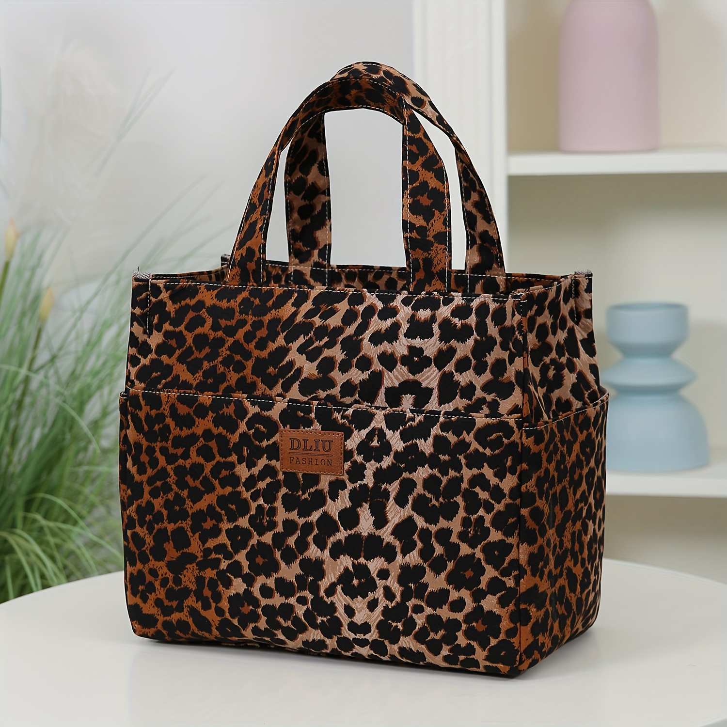 TEMU New Large Capacity Thick Fabric Tote Bag, Fashionable Workwear Style With Zipper Half-closed Design, Side Cup Holder   Front Zipper Pocket,