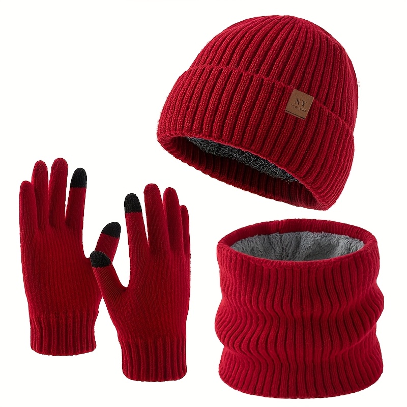 Ensemble 3 pièces NY Chapeau Tricoté Lettre, Écharpe & Gants - Haute Élasticité, Doublure Polaire, Chaleur Hivernale Épaissie, Design Sans Capuche, Cyclisme Sportif Décontracté Extérieur, Ski, Gants Tactiles, Vêtements d'Hiver