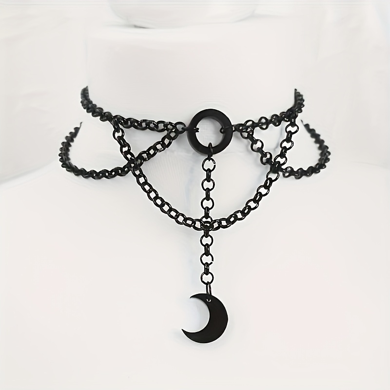 Image of 1pc Easy Individual Gothic Style Black Moon Pendant Design Chain Fashion Women's Neck Chain Suitable For Nightclub All-match