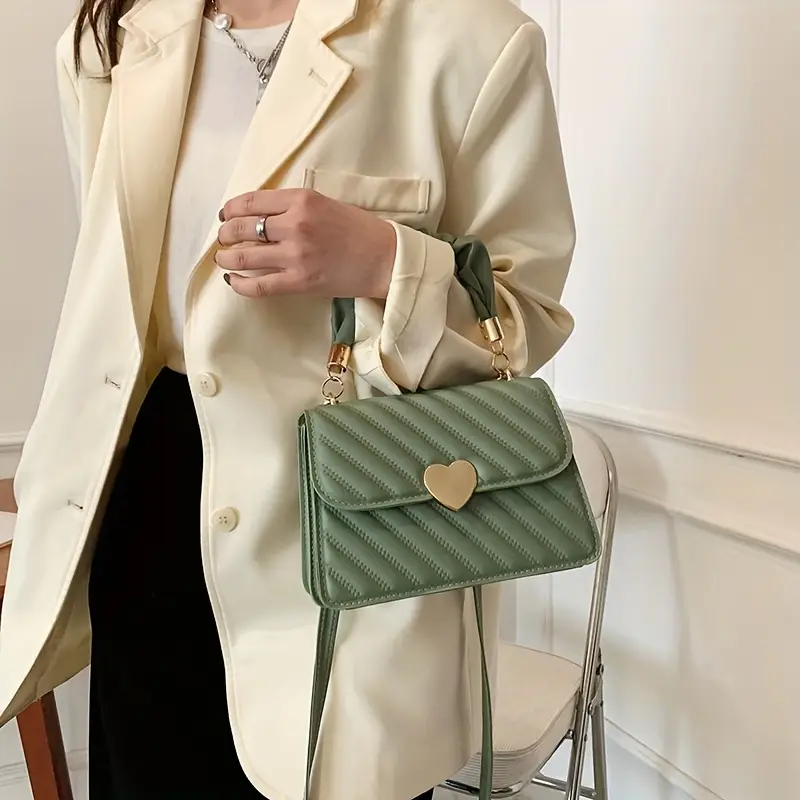 womens fashion shoulder bag korean version leather quilted solid color heart accent removable strap magnetic closure synthetic leather lining painted edges versatile crossbody purse in black red beige orange red rose khaki green purple details 1