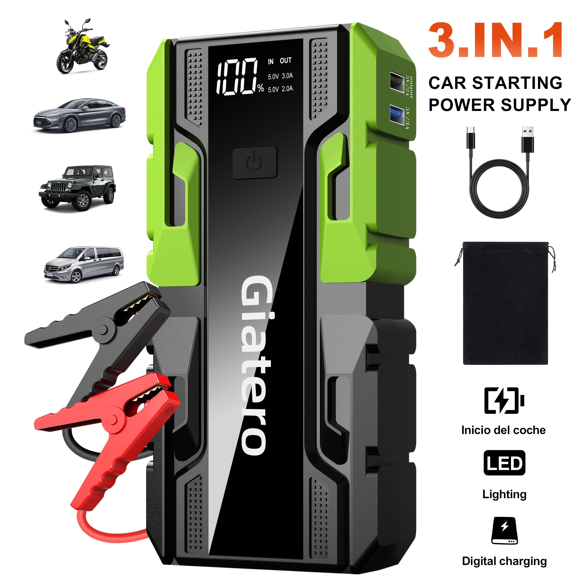 TEMU 12000a Car Emergency Jump Starter, 12v Portable Car Emergency Power Bank, For Cars + Inflation For Up To 14.0l Gasoline Engines And 12.0l