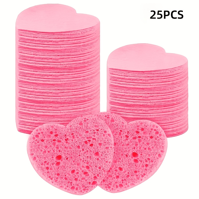 Image of 25pcs Heart-shaped Facial Sponges, Compressed Cleansing Sponges For Makeup Removal, Exfoliation, And Cleansing, Travel Cleaning Tools