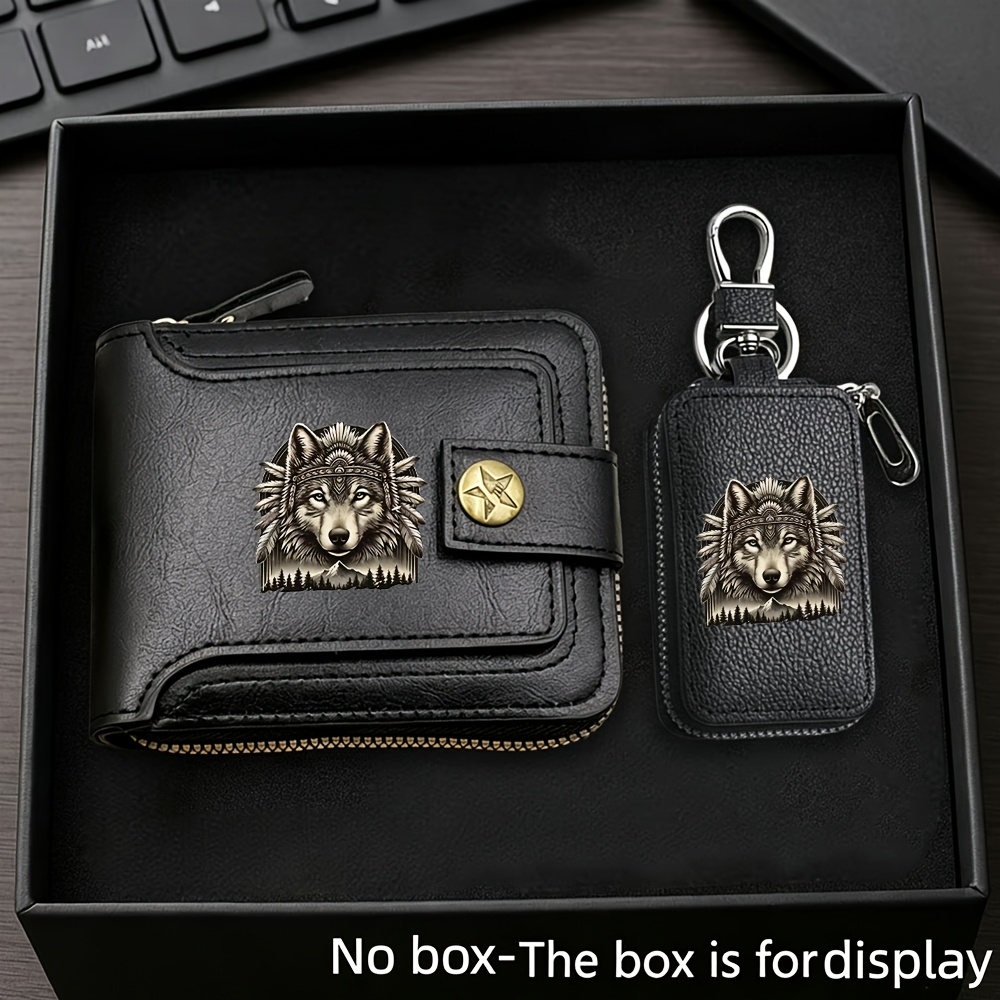TEMU 2pcs Set: Large Capacity Vintage "wolf" Print Zipper Wallet + Key Pouch, , With Multiple Card Slots And Zipper Closure, Suitable For Storing
